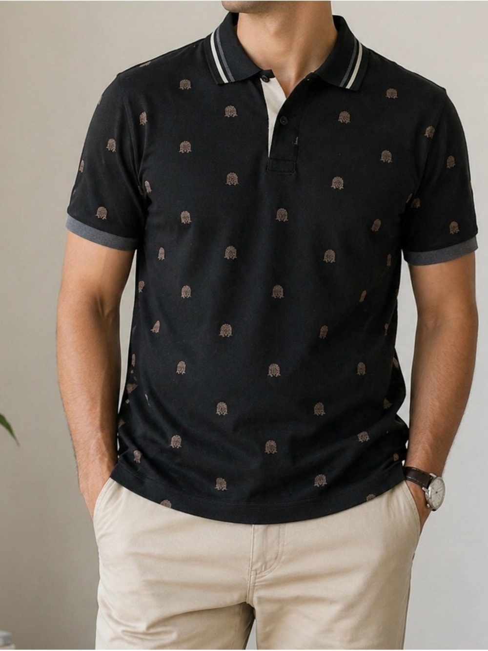 MACEOO Black Polo with Subtle Brown Motif